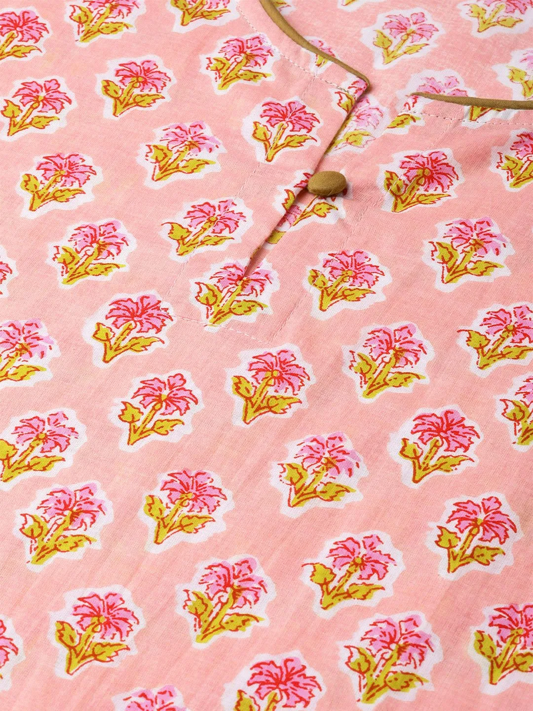 Women Peach & Yellow Cotton Straight Floral Printed Kurta