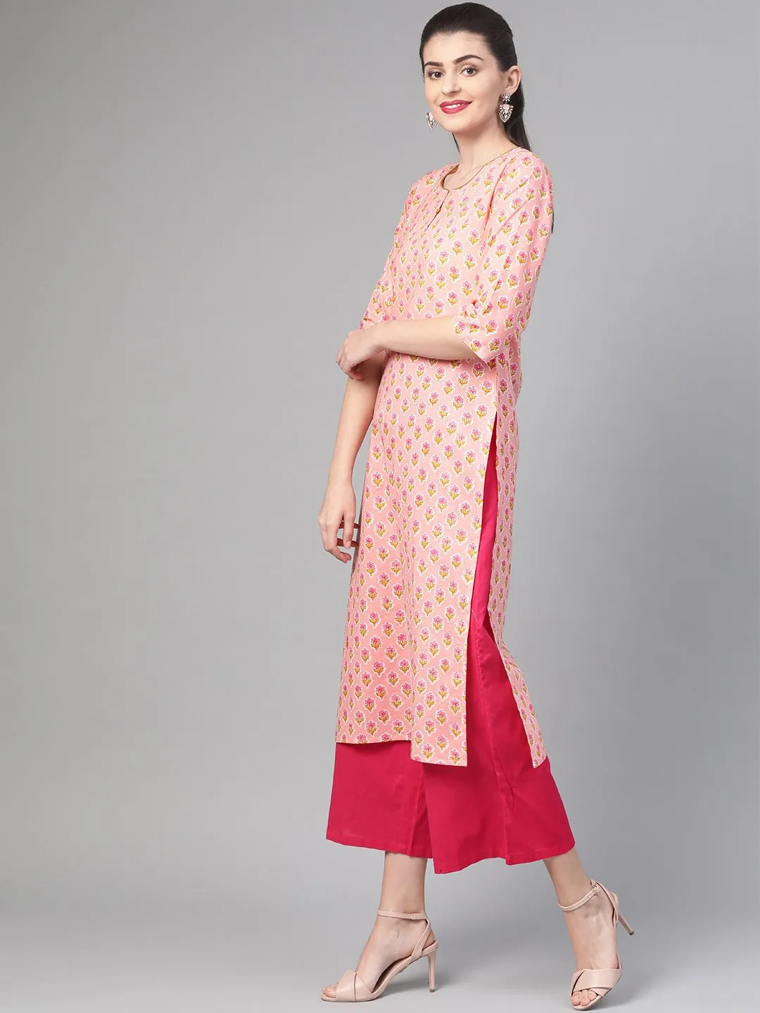 Women Peach & Yellow Cotton Straight Floral Printed Kurta