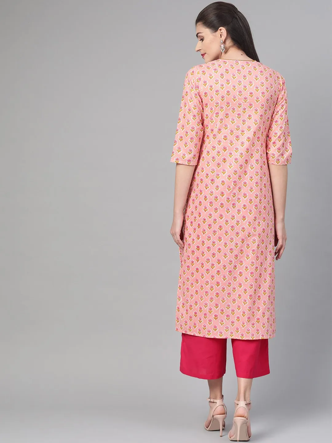 Women Peach & Yellow Cotton Straight Floral Printed Kurta
