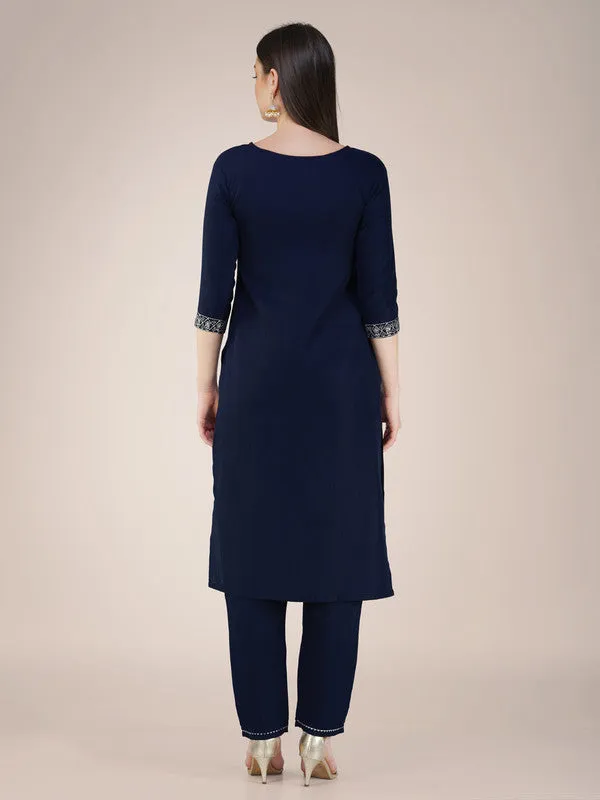Womens Embroidered Navy Cotton Blend Kurta Pant Set