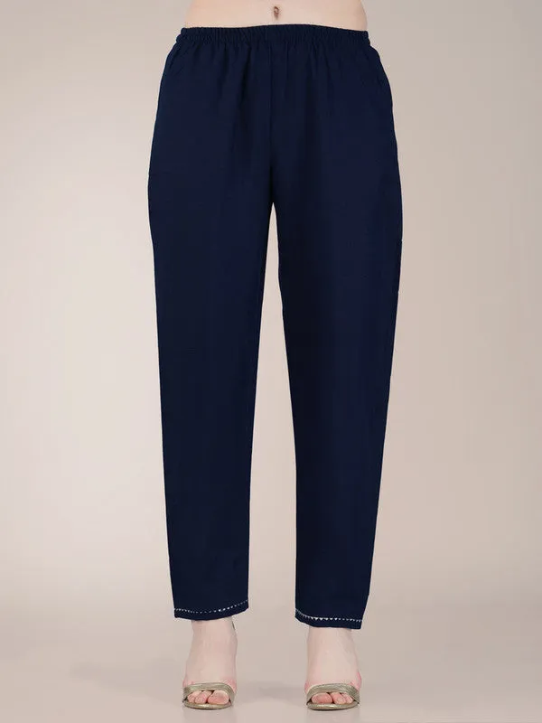 Womens Embroidered Navy Cotton Blend Kurta Pant Set