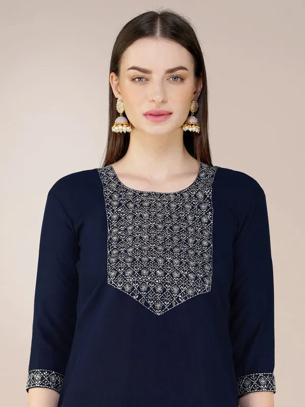 Womens Embroidered Navy Cotton Blend Kurta Pant Set