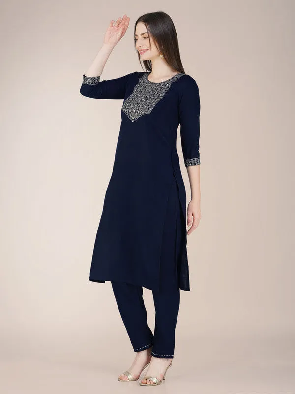 Womens Embroidered Navy Cotton Blend Kurta Pant Set