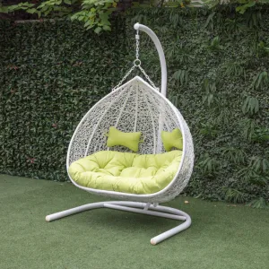 Wooden Twist Hanging Egg Swing Chair with Stand Egg Chair Wicker Indoor Outdoor Hammock Egg Chair with Cushions 550lbs for Patio, Bedroom, Garden and Balcony (White)