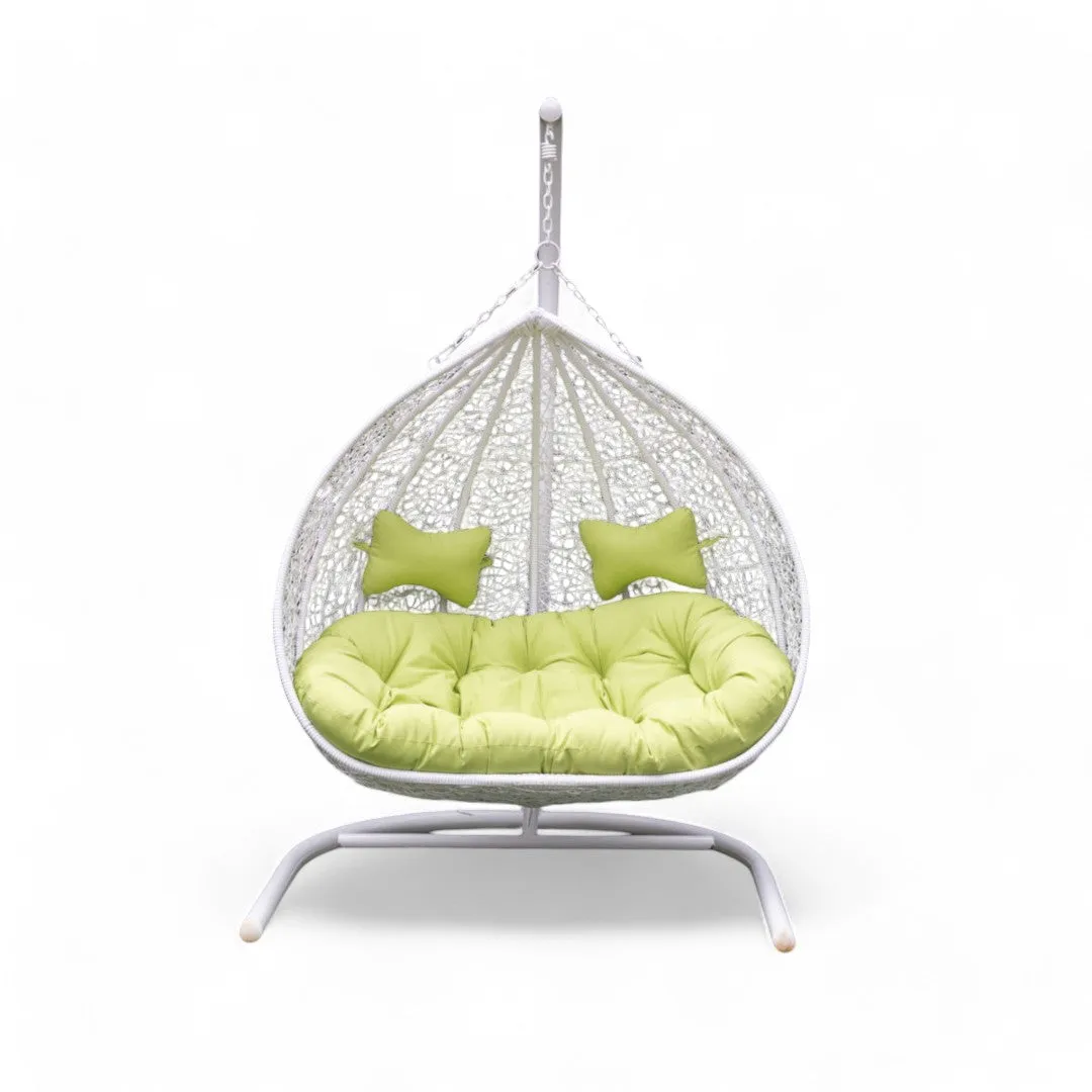 Wooden Twist Hanging Egg Swing Chair with Stand Egg Chair Wicker Indoor Outdoor Hammock Egg Chair with Cushions 550lbs for Patio, Bedroom, Garden and Balcony (White)