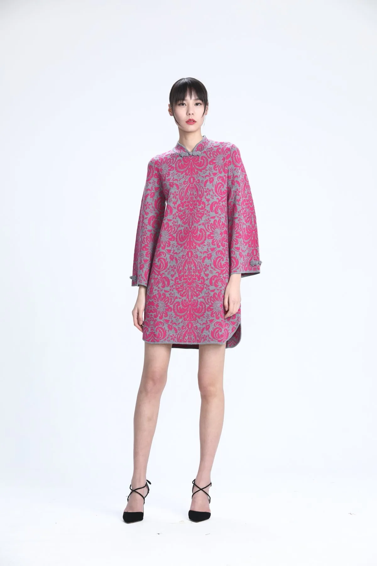 Yi-ming Fuchsia and Grey Signature Pattern Knit A-line Qipao